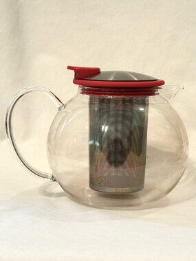 Forlife Bola Glass Teapot w/ Stainless Steel Basket Infuser Red Lid Brewer 25 oz